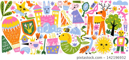 Fantasy crayon animals drawn on white background Fantasy crayon animals drawn on white background 142196932