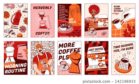 Vintage coffee shop posters set with barista Vintage coffee shop posters set with barista 142196933