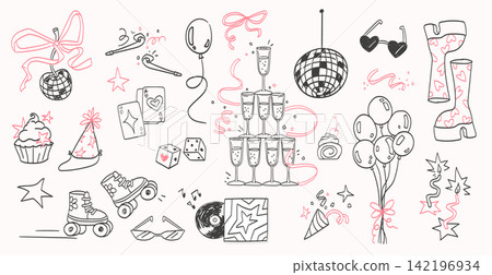 Whimsical disco ball and birthday party doodle set Whimsical disco ball and birthday party doodle set 142196934