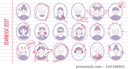 School yearbook album mockup with doodle frames School yearbook album mockup with doodle frames 142196941