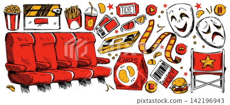 Hand drawn cinema doodles, movie theater icons Hand drawn cinema doodles, movie theater icons 142196943