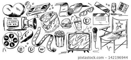 Hand drawn cinema doodles, movie theater icons 142196944