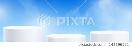 3d white podium on blue sky background with clouds 3d white podium on blue sky background with clouds 142196951