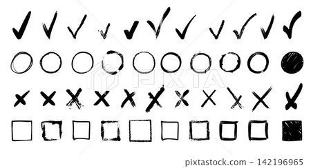 Handwritten tick symbols and cross signs Handwritten tick symbols and cross signs 142196965