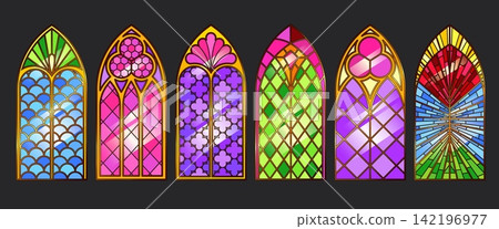 Gothic catholic church windows with stained glass Gothic catholic church windows with stained glass 142196977