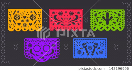 Set of Mexican papel picado patterns on black 142196996