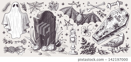 Gothic Halloween cemetery sketch collection Gothic Halloween cemetery sketch collection 142197000