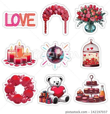 This image features a collection of nine cute, romantic stickers for Valentine's Day or with a love theme This image features a collection of nine cute, romantic stickers for Valentine's Day or with a love theme 142197037