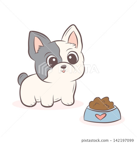 Vector illustration of French bulldog puppy with bowl of food 142197099