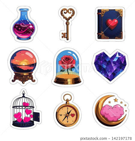 This image shows a collection of nine digital or vinyl stickers with a fantasy and magic theme This image shows a collection of nine digital or vinyl stickers with a fantasy and magic theme 142197178