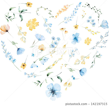 Heart arrangement with watercolor light blue and yellow wildflowers, illustration for wedding stationery 142197315