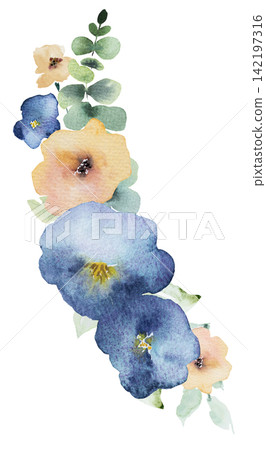 Watercolor bouquet with dark blue and yellow flowers, floral wedding isolated illustration Watercolor bouquet with dark blue and yellow flowers, floral wedding isolated illustration 142197316