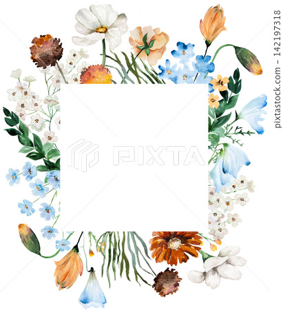 Watercolor frame with blue, ivory and orange wildflowers, illustration for wedding stationery Watercolor frame with blue, ivory and orange wildflowers, illustration for wedding stationery 142197318