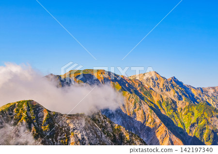 Autumn twilight: A view of the Hakuba-dake area bathed in the beautiful afterglow of the magic hour, seen from near the Karamatsu Summit Mountain Hut. Autumn twilight: A view of the Hakuba-dake area bathed in the beautiful afterglow of the magic hour, seen from near the Karamatsu Summit Mountain Hut. 142197340