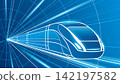 Futuristic high speed train moving through an abstract technology tunnel with glowing lines and dynamic perspective. Modern blue transportation illustration representing speed, innovation, railway tec 142197582