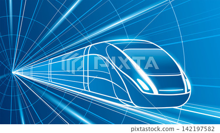 Futuristic high speed train moving through an abstract technology tunnel with glowing lines and dynamic perspective. Modern blue transportation illustration representing speed, innovation, railway tec Futuristic high speed train moving through an abstract technology tunnel with glowing lines and dynamic perspective. Modern blue transportation illustration representing speed, innovation, railway tec 142197582