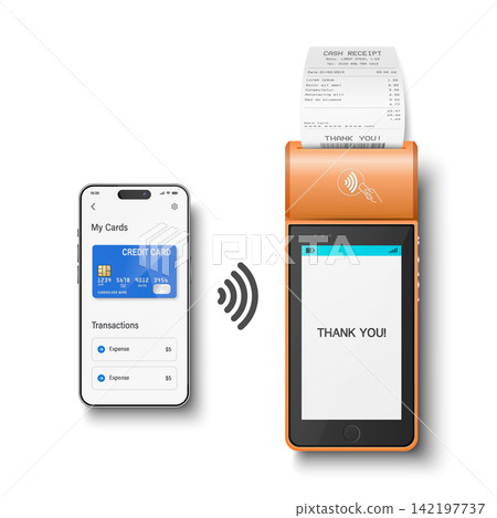 Contactless Mobile Payment with Smartphone and Orange POS Terminal, 3d Realistic Vector Illustration. NFC Cashless Transaction. Wireless Card Payment. Fintech and Digital Checkout Contactless Mobile Payment with Smartphone and Orange POS Terminal, 3d Realistic Vector Illustration. NFC Cashless Transaction. Wireless Card Payment. Fintech and Digital Checkout 142197737