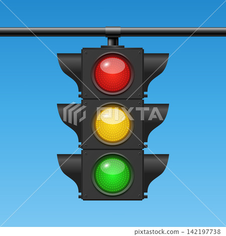 Traffic Light with Red Yellow and Green Signals, Vector Illustration. Road Safety and Traffic Control Banner on Blue Background. Urban Transportation Poster Template 142197738