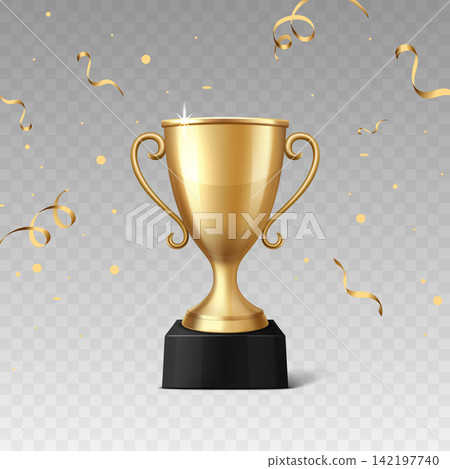 Golden Trophy Cup Award with Confetti, 3d Vector Illustration. Winner Prize for Championship and Success Celebration. Competition, Ceremony, Achievement Concept 142197740