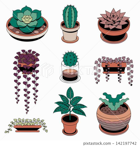 This image shows a collection of nine digital cartoon-style illustrations of various potted houseplants and succulents This image shows a collection of nine digital cartoon-style illustrations of various potted houseplants and succulents 142197742