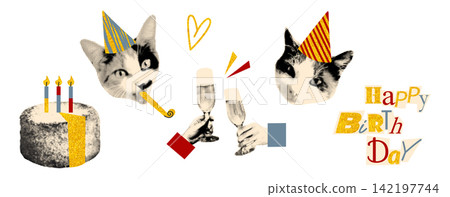 Happy Birthday collage elements set with cute cats in party hats, blowing noisemaker, hands toasting with champagne glasses. Gold glitter texture and cut-out letter typography. Vector illustration Happy Birthday collage elements set with cute cats in party hats, blowing noisemaker, hands toasting with champagne glasses. Gold glitter texture and cut-out letter typography. Vector illustration 142197744