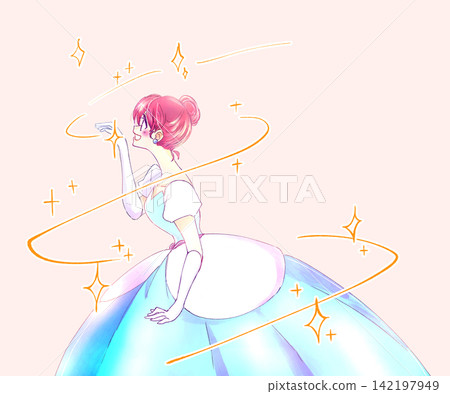 A woman in a dress, a princess, extends her hand, magic. A woman in a dress, a princess, extends her hand, magic. 142197949
