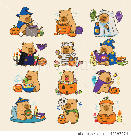 Cute Capybara Halloween Activities Character Collection, Witch, Pumpkin, Ghost, Vampire and Mummy 142197974