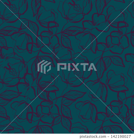 Abstract hand drawn botanical seamless pattern with purple outline brush stroke flowers and leaves on dark teal background for textile. 142198027