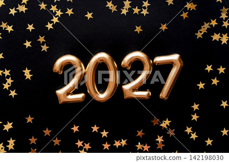 Golden 2027 Numbers with Star Confetti on Black Background Golden 2027 Numbers with Star Confetti on Black Background 142198030