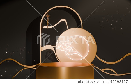 Dark black concept style ,Podium display minimal geometric abstract and decoration chinese style.3D rendering 142198127