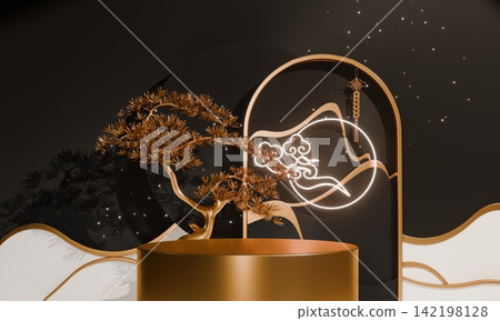 Dark black concept style ,Podium display minimal geometric abstract and decoration chinese style.3D rendering Dark black concept style ,Podium display minimal geometric abstract and decoration chinese style.3D rendering 142198128