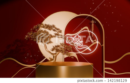 Chinese concept red wedding style with display stand ,stage podium chinese for present products.3D rendering Chinese concept red wedding style with display stand ,stage podium chinese for present products.3D rendering 142198129