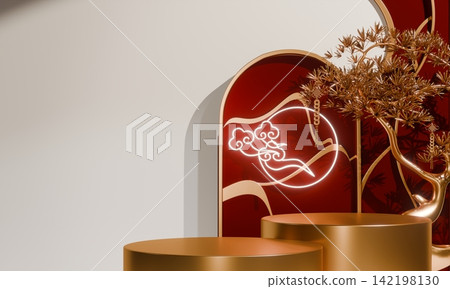 Chinese concept red wedding style with display stand ,stage podium chinese for present products.3D rendering Chinese concept red wedding style with display stand ,stage podium chinese for present products.3D rendering 142198130