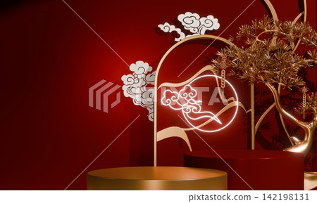 Chinese concept red wedding style with display stand ,stage podium  chinese for present products.3D rendering 142198131
