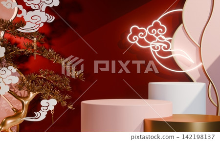 Chinese concept red wedding style with display stand ,stage podium chinese for present products.3D rendering Chinese concept red wedding style with display stand ,stage podium chinese for present products.3D rendering 142198137