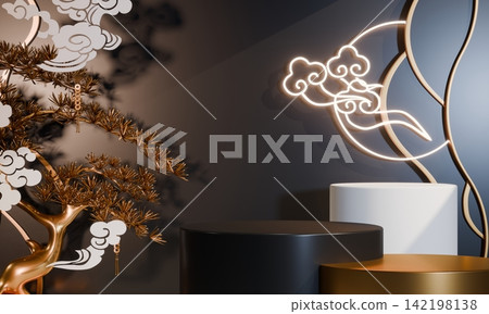 Dark black concept style ,Podium display minimal geometric abstract and decoration chinese style.3D rendering 142198138