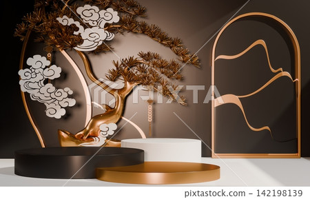Dark black concept style ,Podium display minimal geometric abstract and decoration chinese style.3D rendering Dark black concept style ,Podium display minimal geometric abstract and decoration chinese style.3D rendering 142198139