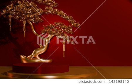Chinese concept red wedding style with display stand ,stage podium chinese for present products.3D rendering Chinese concept red wedding style with display stand ,stage podium chinese for present products.3D rendering 142198140