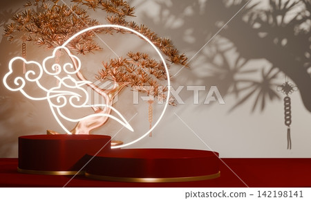 Chinese concept red wedding style with display stand ,stage podium chinese for present products.3D rendering Chinese concept red wedding style with display stand ,stage podium chinese for present products.3D rendering 142198141