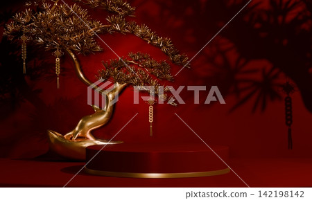Chinese concept red wedding style with display stand ,stage podium chinese for present products.3D rendering Chinese concept red wedding style with display stand ,stage podium chinese for present products.3D rendering 142198142