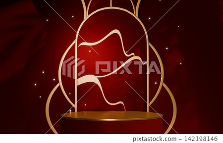 Chinese concept red wedding style with display stand ,stage podium chinese for present products.3D rendering Chinese concept red wedding style with display stand ,stage podium chinese for present products.3D rendering 142198146