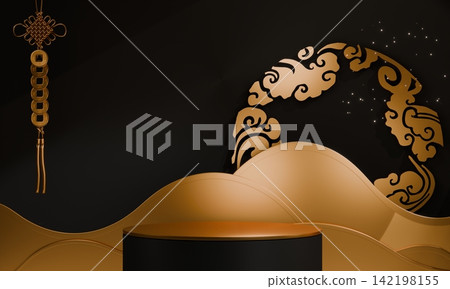 Dark black concept style ,Podium display minimal geometric abstract and decoration chinese style.3D rendering Dark black concept style ,Podium display minimal geometric abstract and decoration chinese style.3D rendering 142198155