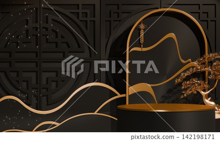 Dark black concept style ,Podium display minimal geometric abstract and decoration chinese style.3D rendering Dark black concept style ,Podium display minimal geometric abstract and decoration chinese style.3D rendering 142198171