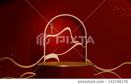 Chinese concept red wedding style with display stand ,stage podium chinese for present products.3D rendering Chinese concept red wedding style with display stand ,stage podium chinese for present products.3D rendering 142198176