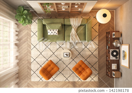 Mid century style conceptual dopamine interior room 3d illustration Mid century style conceptual dopamine interior room 3d illustration 142198178