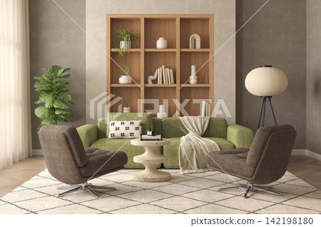 Mid century style conceptual dopamine interior room 3d illustration Mid century style conceptual dopamine interior room 3d illustration 142198180