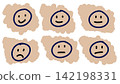 Set of six hand-drawn style emotive face icons, featuring various expressions within rough, cloud-like beige shapes, ideal for design elements and communication. 142198331