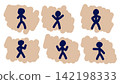 Set of six dark blue hand-drawn stick figures in various poses, each set against an organic beige painted background blotch. Ideal for simple, playful graphic designs. 142198333