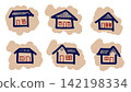 Set of six hand-drawn house illustrations featuring blue outlines and red accents, each set against a textured organic beige background. 142198334