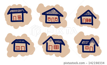 Set of six hand-drawn house illustrations featuring blue outlines and red accents, each set against a textured organic beige background. Set of six hand-drawn house illustrations featuring blue outlines and red accents, each set against a textured organic beige background. 142198334